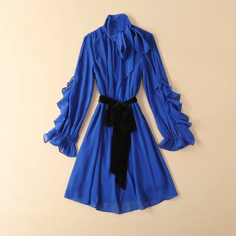 

HIGH QUALITY New Fashion 2019 Runway Dress Women's Long Sleeve Bow Collar Lacing Belt Ruffle Dress