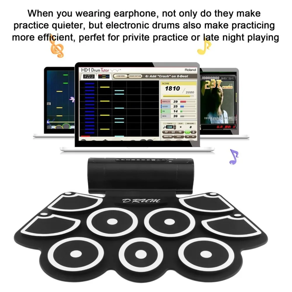 Digital Electronic Drum Built In Speaker Portable Electronic Roll Drum Pad Professional Foldable
