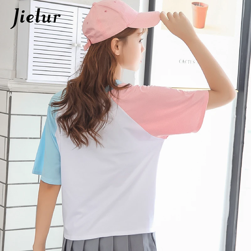 Jielur dulce niñas de estilo coreano mujeres T camisa Patchwork Color verano Mujer suelta S-XL blanco Camisetas femenina Dropship Jielur dulce niñas de estilo coreano mujeres T camisa Patchwork Color verano Mujer suelta S-XL blanco Camisetas femenina Dropship