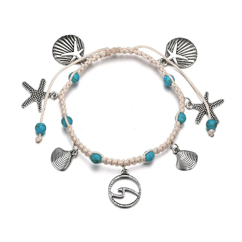 Women's Summer Beach Sandal Barefoot Chains Foot Bracelet Ankle Chain Hand knotted shell conch taffeta alloy pendant anklet F01 (1)