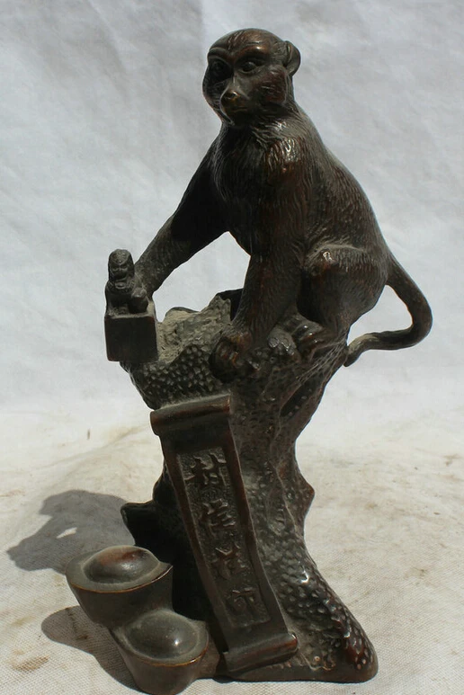 S1791 10" Chinese Bronze Wealth Folk Feng Shui Zodiac Year Monkey
