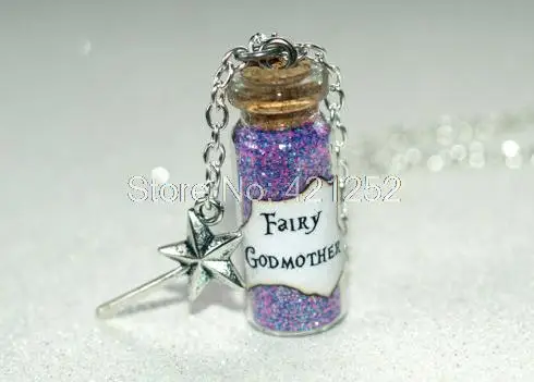 

12pcs Fairy Godmother glass Bottle Necklace with a Magic Wand Charm, Cinderella Inspired necklace