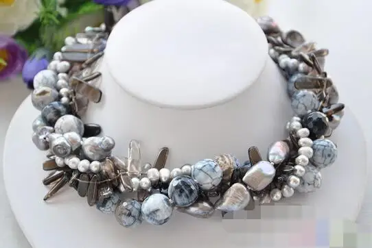 

song voge gem nanJ0406 4row gray keshi Reborn baroque pearl agate bead smoky quartz necklace