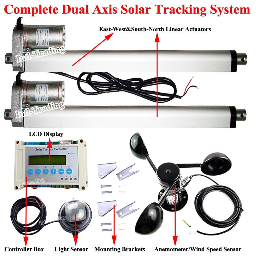 DIY комплект солнечного трекера: 2*1" линейные приводы двигатель постоянного тока и двойной оси ЖК-контроллер и датчик скорости ветра для солнечной панели отслеживания солнца