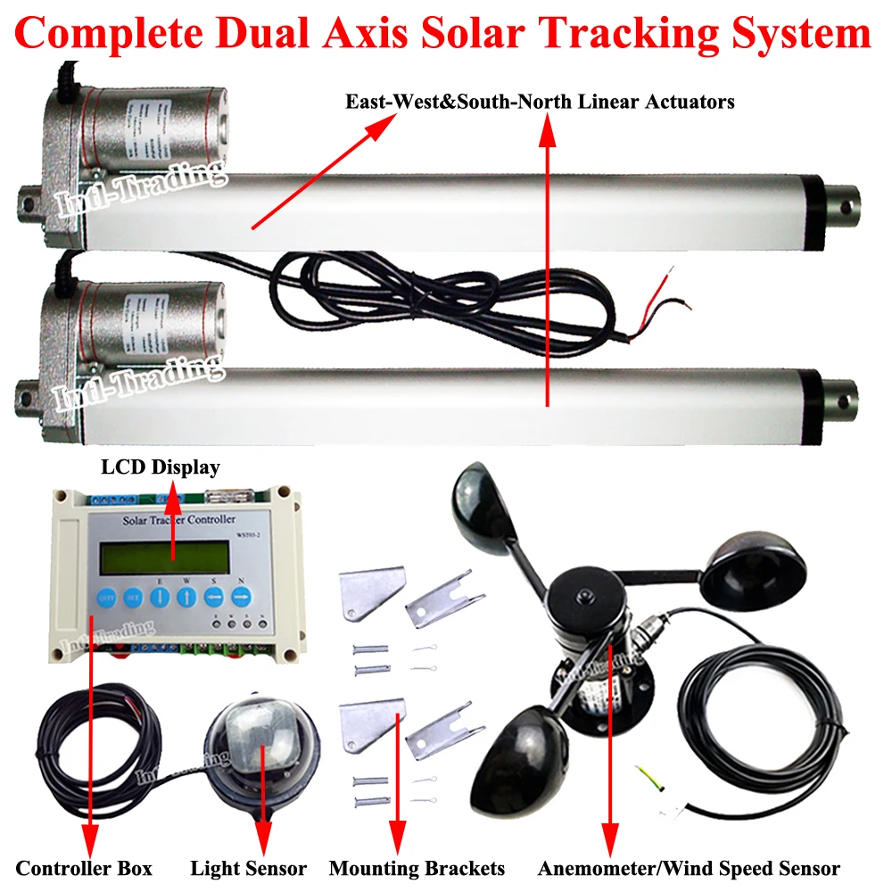 

DIY Solar Tracker Kit: 2*14" Linear Actuators DC Motor &Dual Axis LCD Controller &Wind Speed Sensor for Solar Panel Sun Tracking
