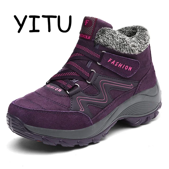 YITU Plush Warm Winter Hiking Boots Women Waterproof Mountain Hiking Shoes Breathable Walking Leather Trail Sneakers Female