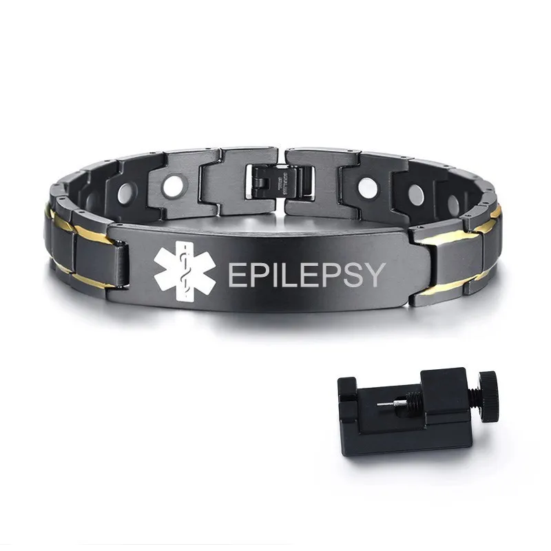 Vnox, Бесплатные персонализированные медицинские браслеты для эпилепсии для мужчин и женщин, черные браслеты из нержавеющей стали - Окраска металла: EPILEPSY