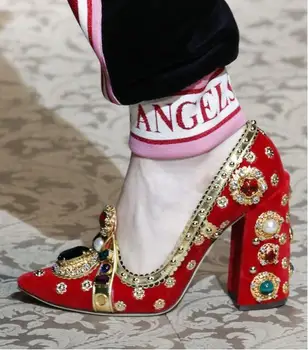 

Red Suede Women Runway Shoes Metal Decoration Rhinestone High Heel Pumps Crystal Glitter Diamond Gladiator Heels Real Photo