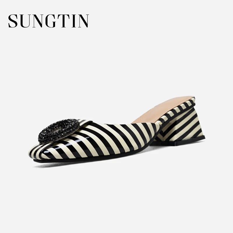 

Sungtin New Patent Leather Women Summer Slippers Woman Mid Heel Striped Slippers Ladies Crystal Casual Flat Slippers Plus Size