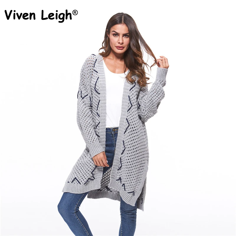 Elegant Side Slit Knitting Long Cardigan Women Sweater Sleeve Jumper Autumn Oversized Loose Female Hollow Out Jersey Coat |