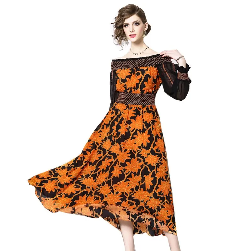 

New Fashion Maple Leaves Print Sundress 2019 Autumn Women Elastic Off Shoulder Slash Neck Embroidery Chiffon Long Dress
