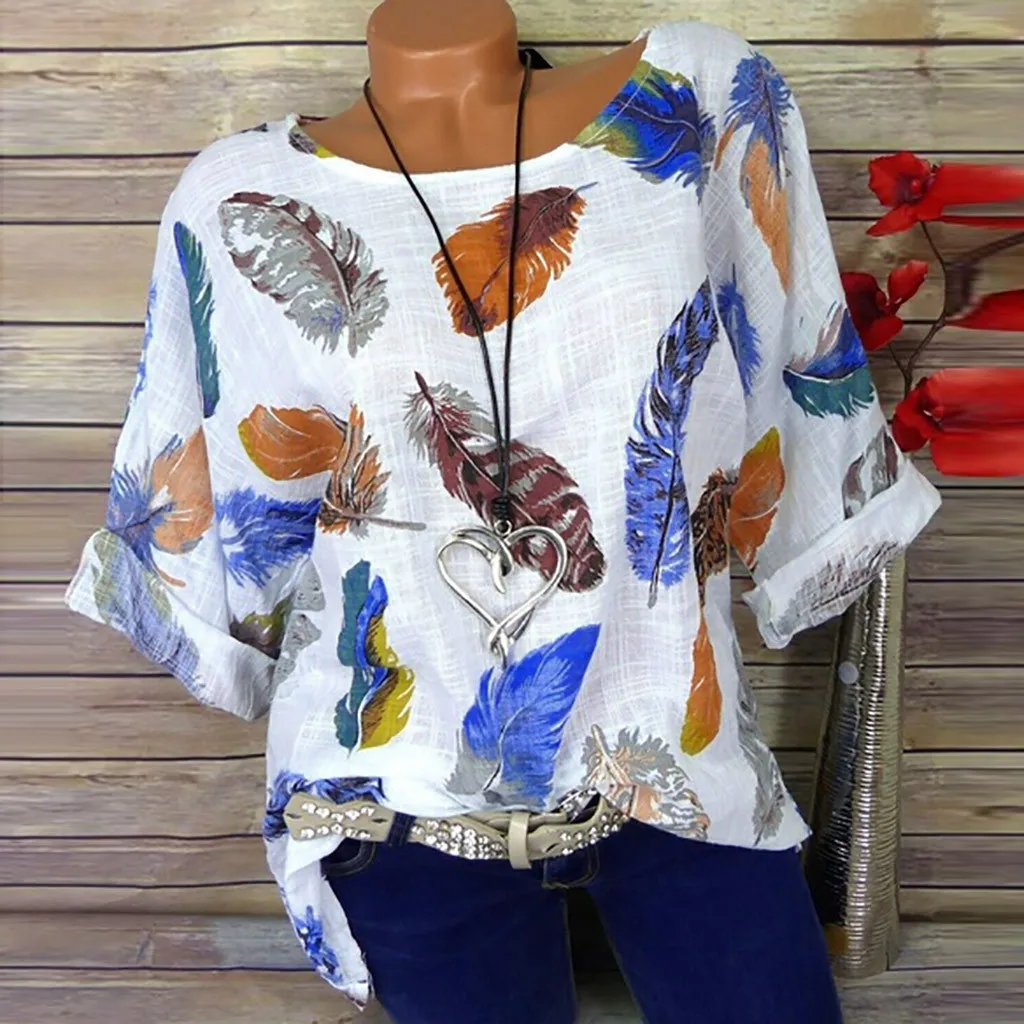 

2019 New Women Tunic Shirt Women Feater Print Three Quarter Sleeve Tops O-neck Pullover Tops L0620