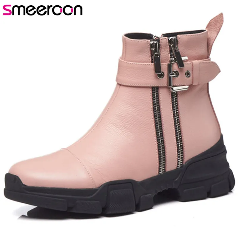 

Smeeroon fashion autumn zip+buckle women boots high quality flat bottom ankle boots top genuine leather boots 2018 new