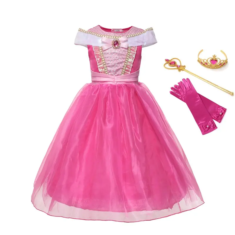 

VOGUEON Girl Princess Aurora Costume Dress up Clothes Children Off Shoulder Ankle Length Sleeping Beauty Halloween Cosplay Dress