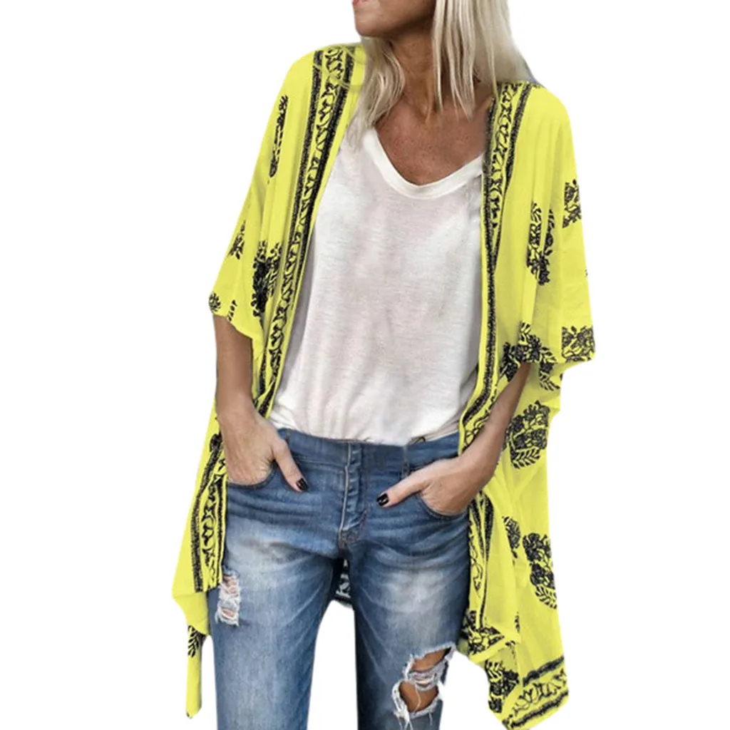 Летняя модная блуза размера плюс с принтом в стиле бохо, повседневный свободный шифоновый кардиган, кимоно, топы для женщин, рубашка с коротким рукавом, блузы - Цвет: Yellow