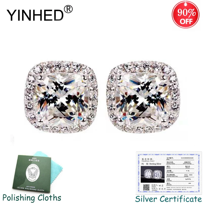 Sent Silver Certificate! YINHED Princess Square Cubic Zirconia Stud Earrings for Women 100% 925 Wedding Jewelry ZE083 | Украшения и