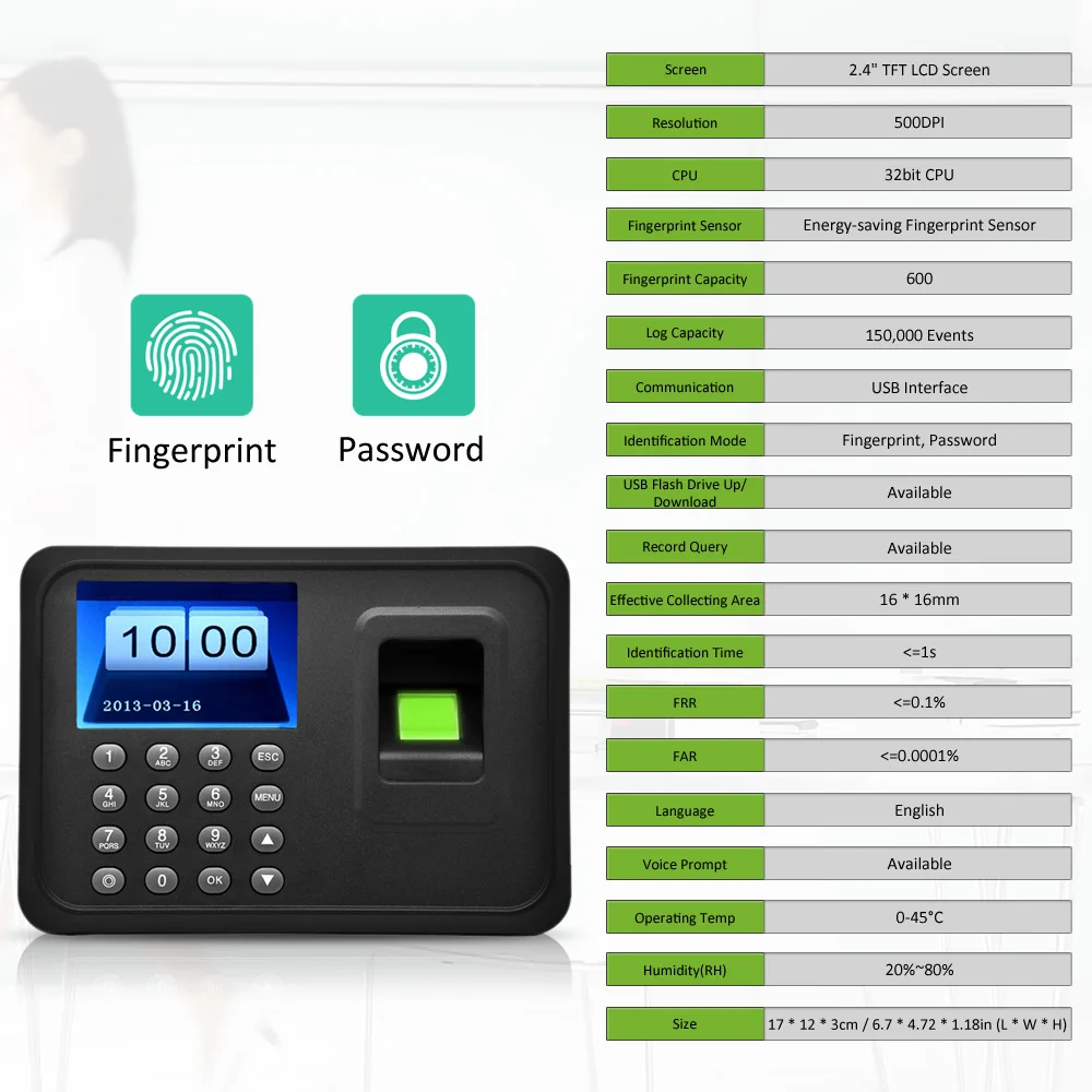 2." TFT ЖК-дисплей Дисплей USB отпечатков пальцев посещаемости машины DC 5 В/1A часы Регистраторы сотрудника проверки-в читателе A6