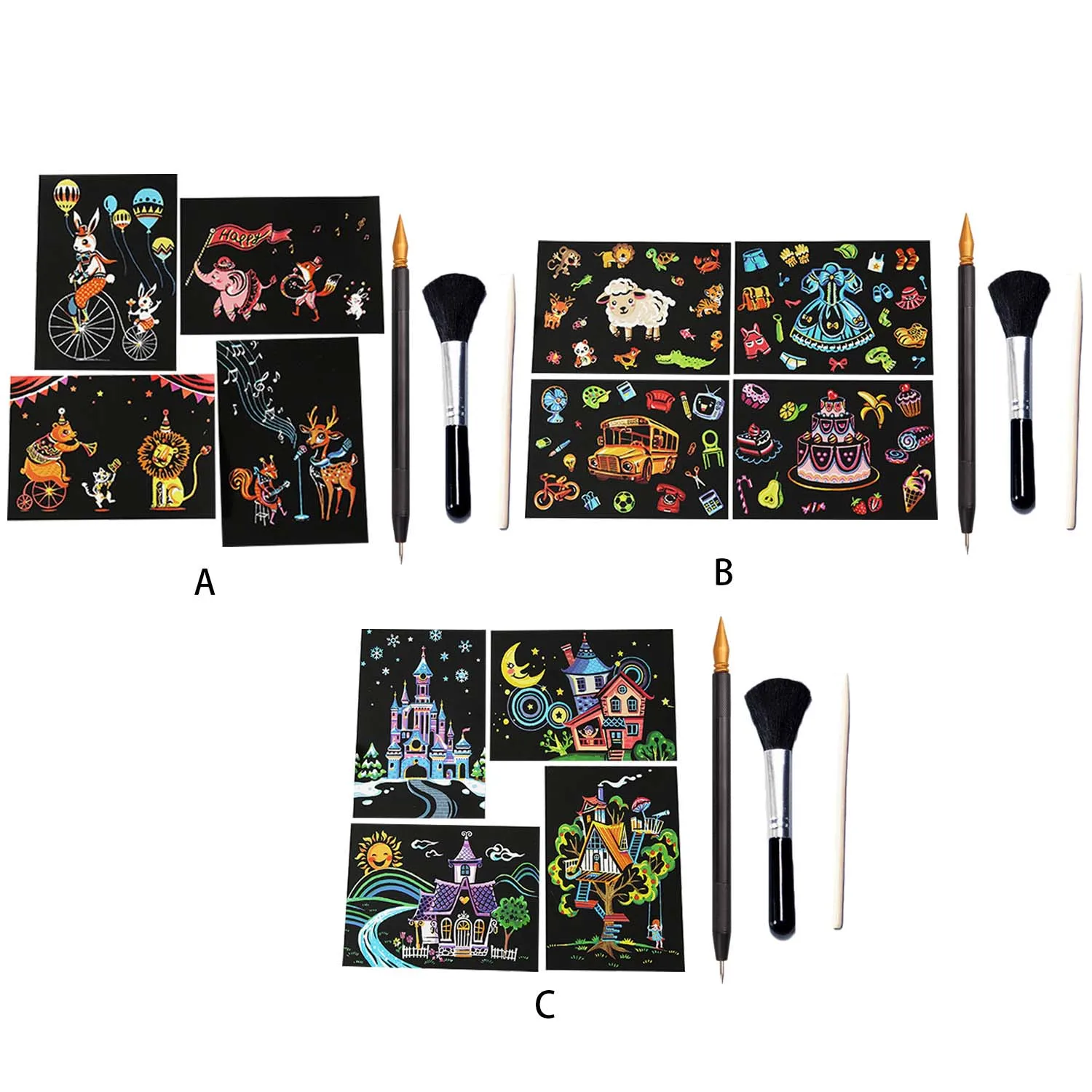 

1 Pack/4 Sheets Rainbow Scratch Art Painting Paper 1pcs Bamboo Stick 1pcs Scratch Pen 1pcs Black Brush for Children Kids Drawing