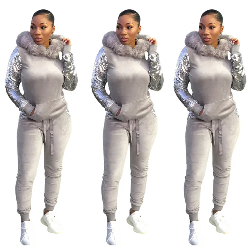 women plush hooded Sequins two piece set-12