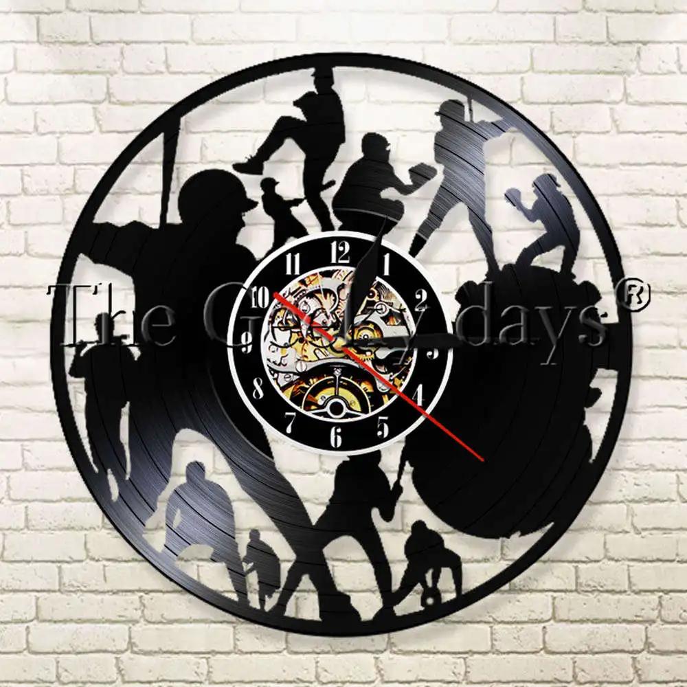 1 قطعة لاعب البيسبول فريق Shilhouette ساعة حائط البيسبول القاذف الماسك ديكور الحديثة الرياضية مسجل فينيل ساعة حائط