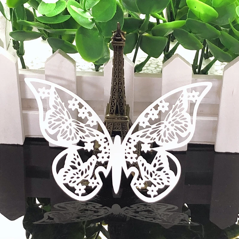 50pcs White Butterfly Heart Laser Cut Table Mark Wine Glass Name Place Cards Baby Shower Wedding Birthday Party DIY Decorations