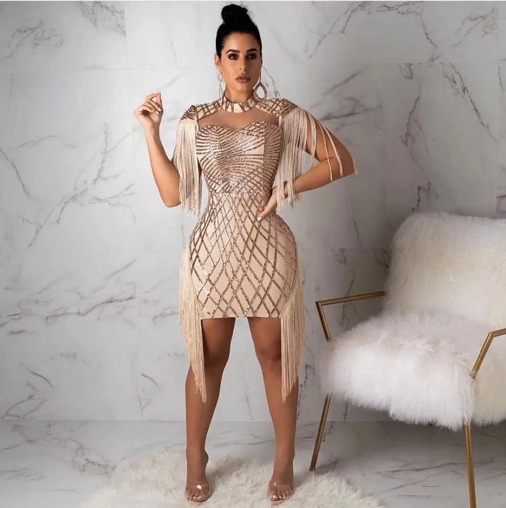 

High Quality Khaki Short Tassel Sleeve Fashion Mini Dress Elegant Party Dress