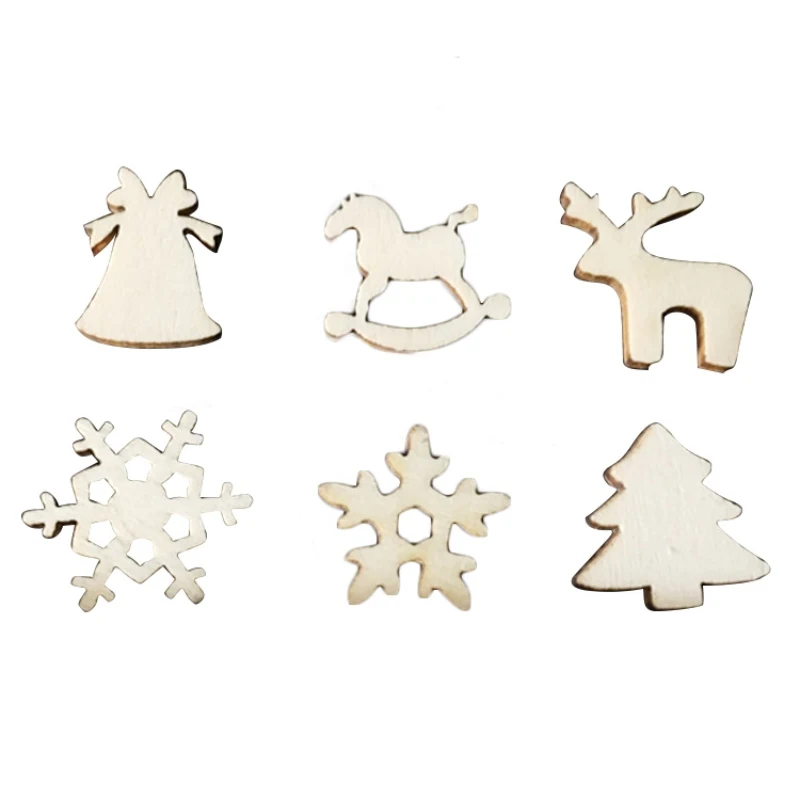 50 шт./лот, рождественские украшения из натурального дерева, рождественские украшения, северный олень, новогодняя елка, снежные хлопья, качалка