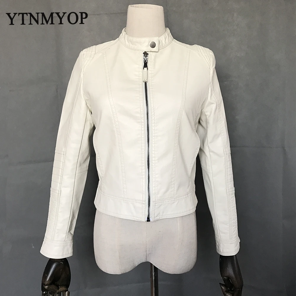 YTNMYOP O Neck Leather Jacket Women New Short Casual White Leather Coat