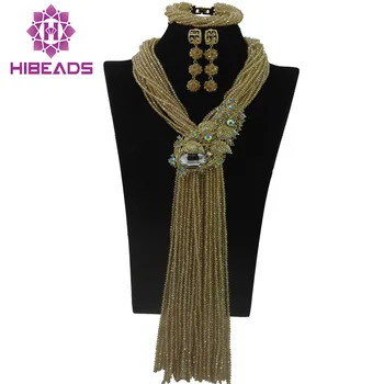 

Full Champagne Gold African Crystal Beads Jewelry Set Long Beads Strands Party Women Jewelry Set Free Shipping WA879