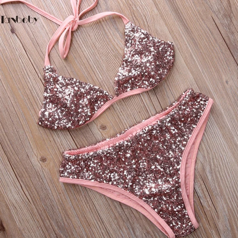 

2017 Bikini Set Sports Womens' Biquinis Glitter Sequins Swimsuits Small Cup+ Low Waist Mini Sexy Sequins Bikini