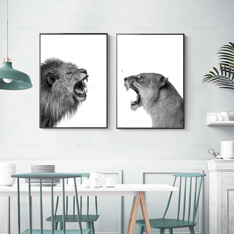 

2 pieces Lion and Lioness Wall Art Print Picture Poster Canvas Painting Animal Black White Woodlands for Living Room home decor