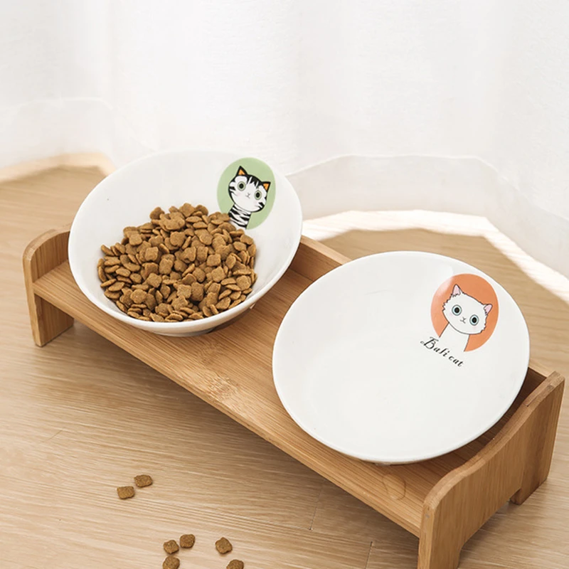 

New Pet Dog Bowl Bamboo Pet Ceramic Feeding and Drinking Bowls Combination with Bamboo Frame for Dog Cats Pet Feeder