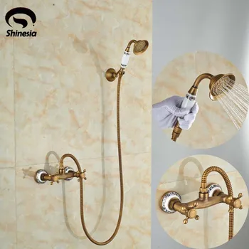 

Wholesale and Retail Ceramic Style Bathroom Handheld Shower Set Faucet Wall Mounted Antique Brass Finished