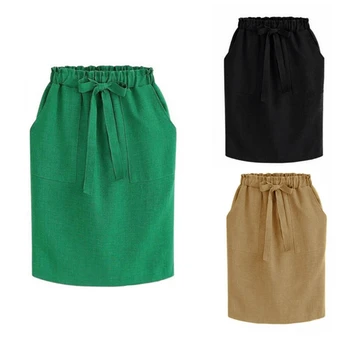 

Women Vintage Bow Skirt Midi Skirts Elastic Waist Office Cotton Skirts