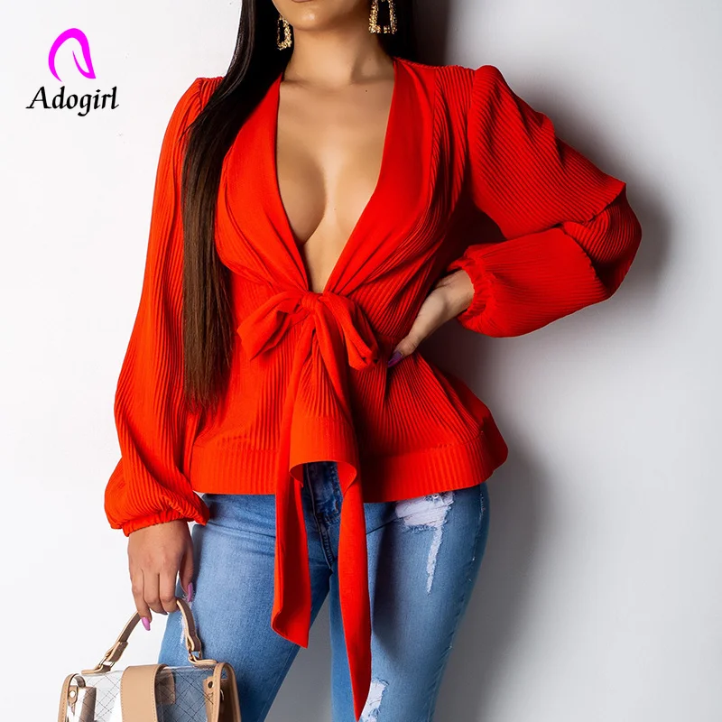  Blouse Women 2019 Summer New Solid Women Chiffon Blouse Office Lady V-neck Bow Tie Loose Casual Sol