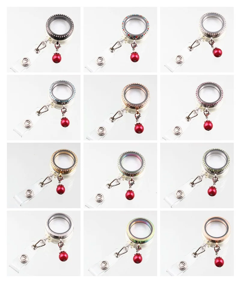 

Mix 19 Style 30mm Stainless Steel Screw Floating Locket With Red Pearl and Retractable ID Badge Holders for DIY Jewelry