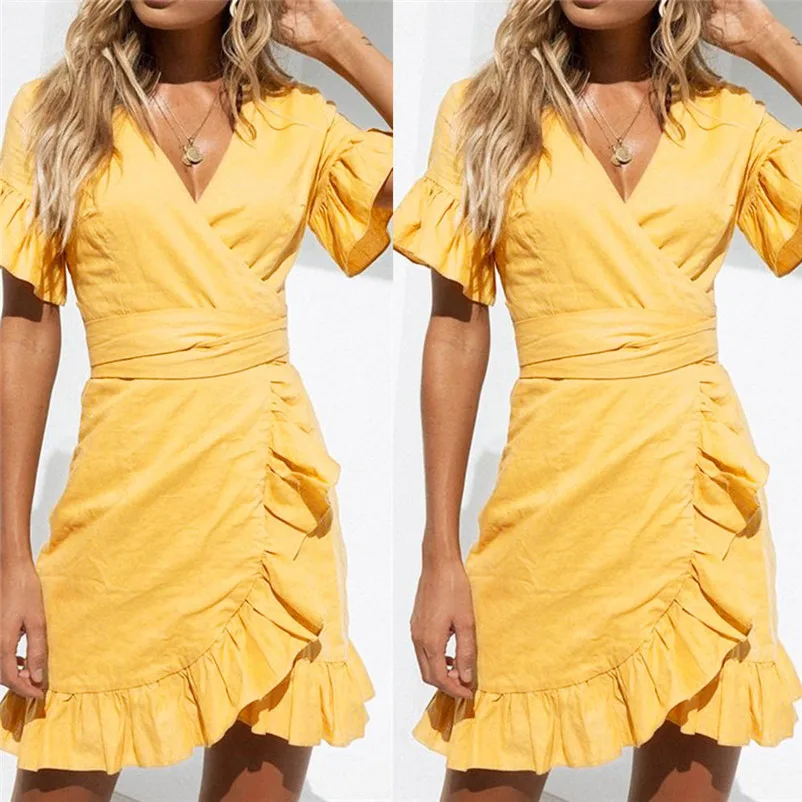 HOT sell Fashion summer dress beach dress Women casual V-Neckline Dress Solid Short Sleeve Irregular dress vestidos Y12#N (3)