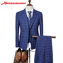 Abruzzomaster классические мужские костюмы синий двубортный костюм клетчатый Блейзер смокинги твидовый приталенный костюм(пиджак+ брюки+ жилет