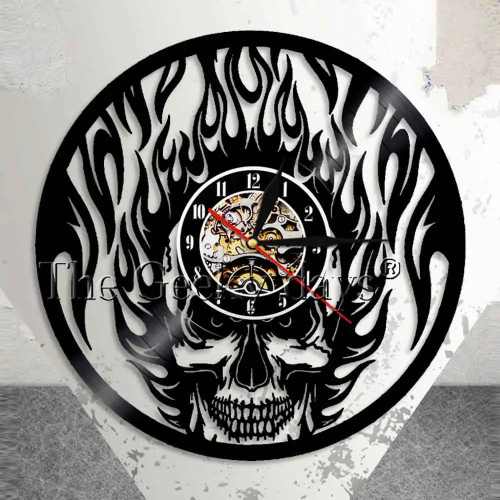 Flaming Skull Wall Clock Skull Head On Fire Wall Art Vinyl Record Wall