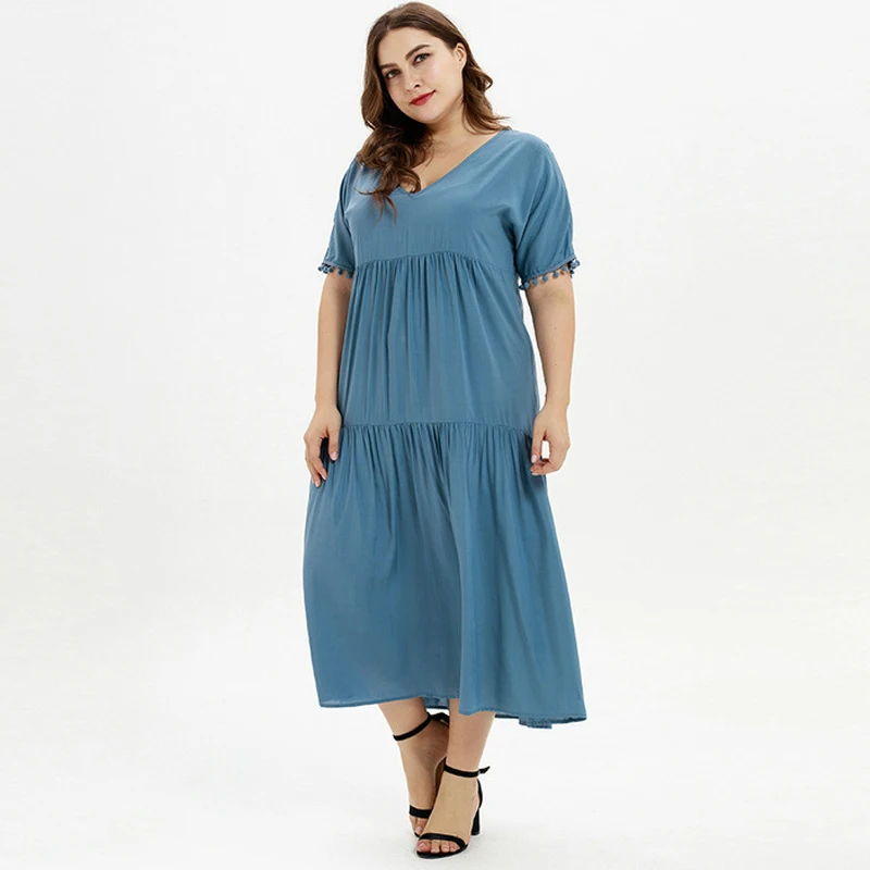 

Short Sleeve V Neck Midi Dress Casual Ruched Loose Plus Size Dress Streetwear Vestido Femme Summer Large Size Women Robe Dresses