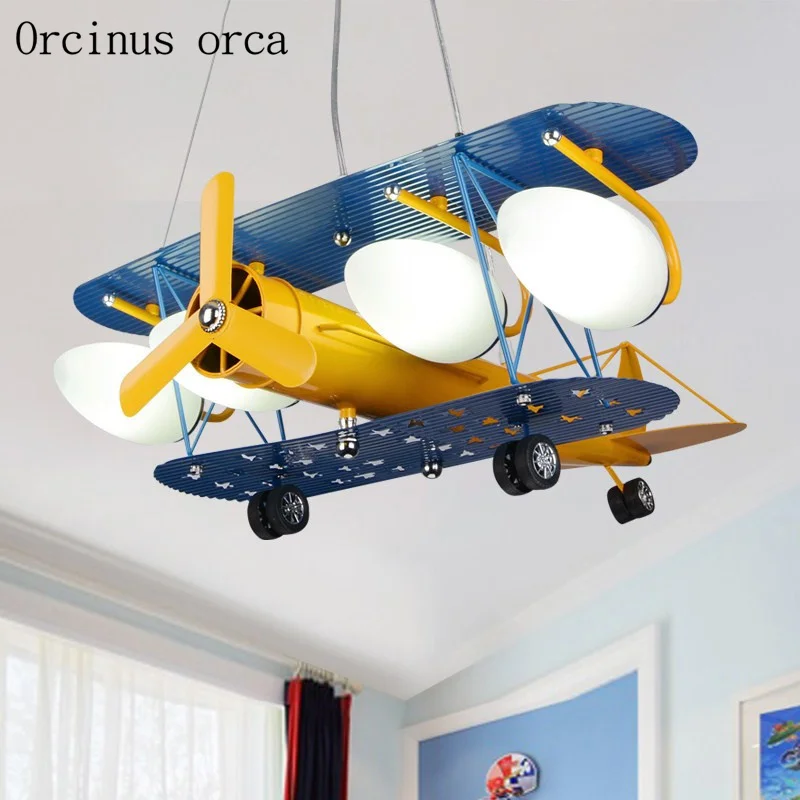 

Cartoon Creative Retro Aircraft Chandelier Boys Bedroom Children's Room Lamp American Color LED Fighter Chandelier