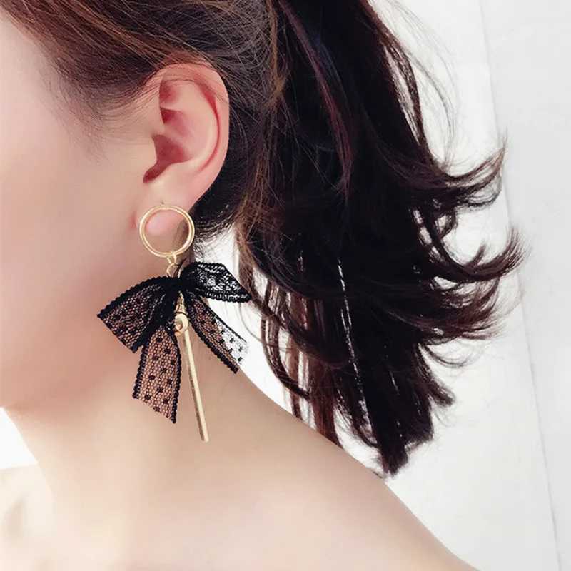 Japanese Sweet Style Bowknot Earrings Lace Embroidery Knot Earrings Vintage Ribbon Tassel Long