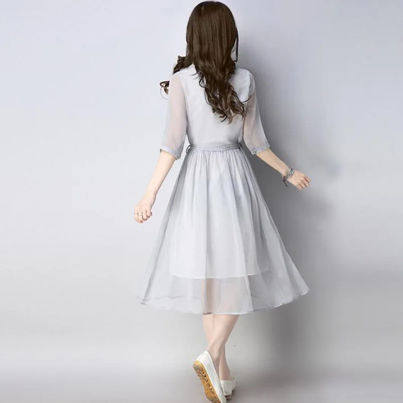 Для женщин Летний сплошной Цвет Вышивка шифоновое платье Винтаж О-образным вырезом семь рукава Повседневное Мода Большой размер Для женщин платье LM31