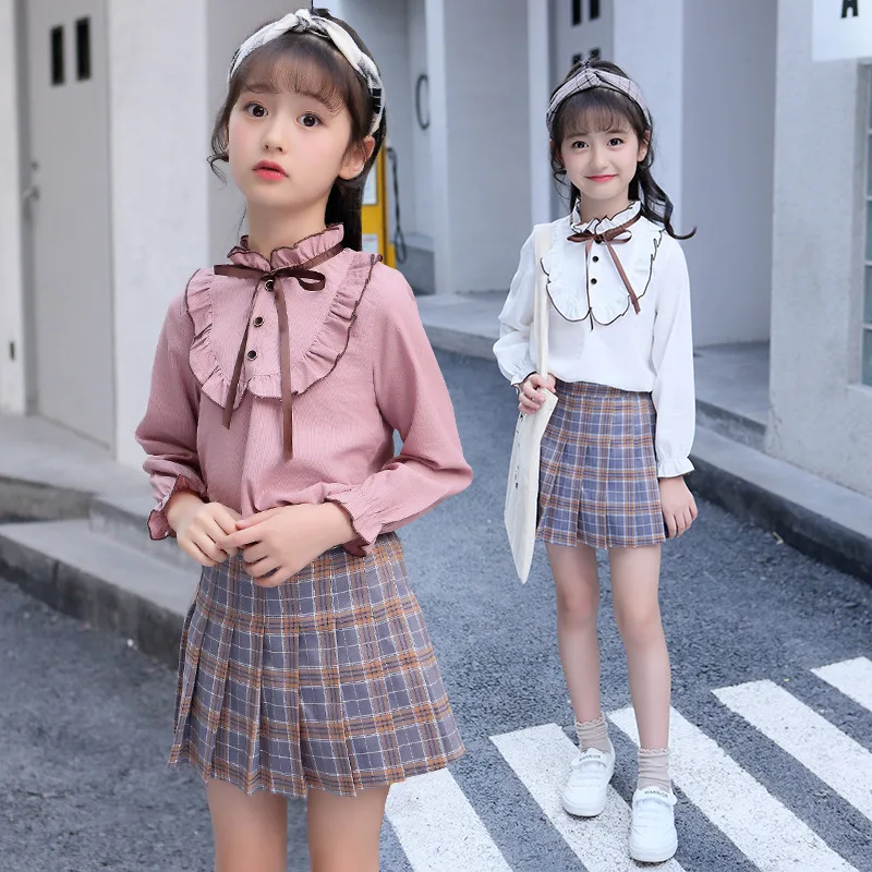 

Girls Outfits Summer Children Clothing Sets For Girls Doll collar Blouses & Plaid Skirts Two-piece Fashion Girls Princess Suits