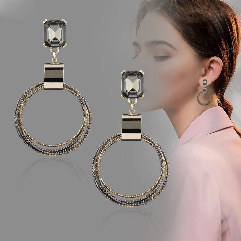 

SINLEERY Vintage Multilayers Round Circle Hanging Earrings Blue Gray Cubic Zirconia Women Wedding Party Jewelry Es391 SSB