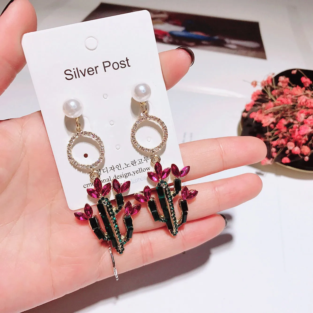 Cactus pearl earrings 925 silver post Hypoallergenic fadeless fashion jewelry stud earrings for women gift