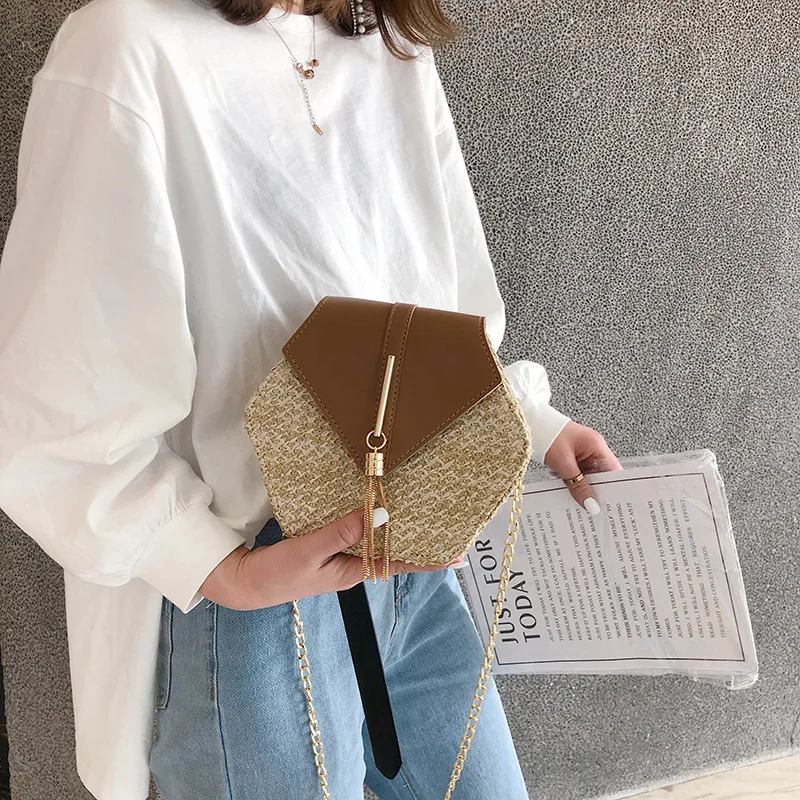 Hexagon Mulit Style Straw+leather Handbag Women Summer Rattan Bag Handmade Woven Beach Circle Bohemia Shoulder Bag New Fashion