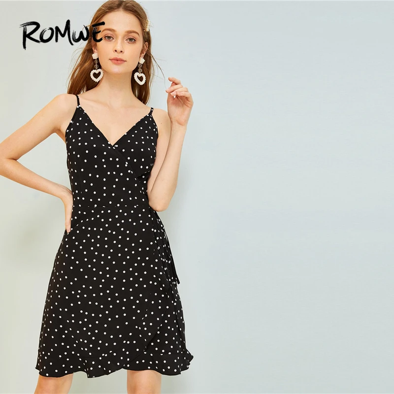 

ROMWE Polka Dot Print Cami Dress Women Summer 2019 Spaghetti Strap High Waist Sleeveless Flared Boho Sheath Short Sundresses