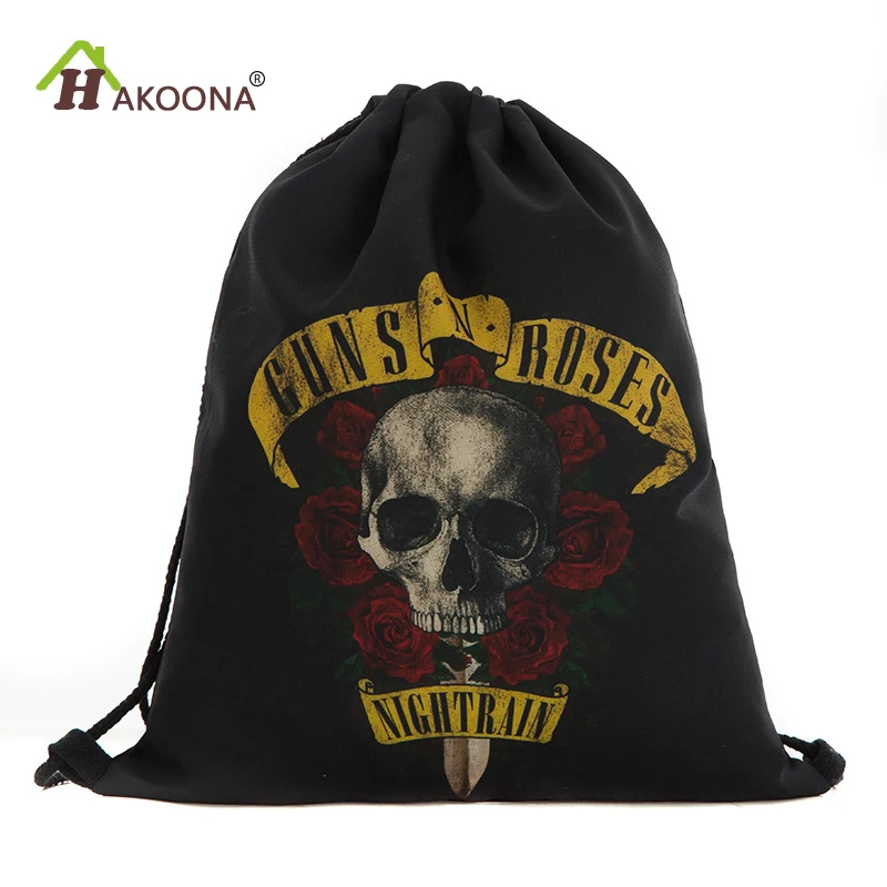 

HAKOONA Happy Halloween Guns Roses Skull Shoes Bags Polyester Travel Shoulders Backpack Drawstring Storage Organizers 39*30cm