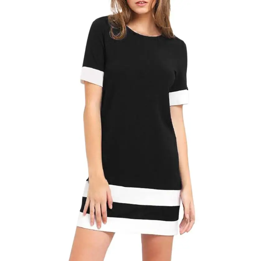 

Women Fashion Block Stripe Short Sleeve Casual O-Neck Patchwork Mini Dress stitching round neck short-sleeved straight dresses